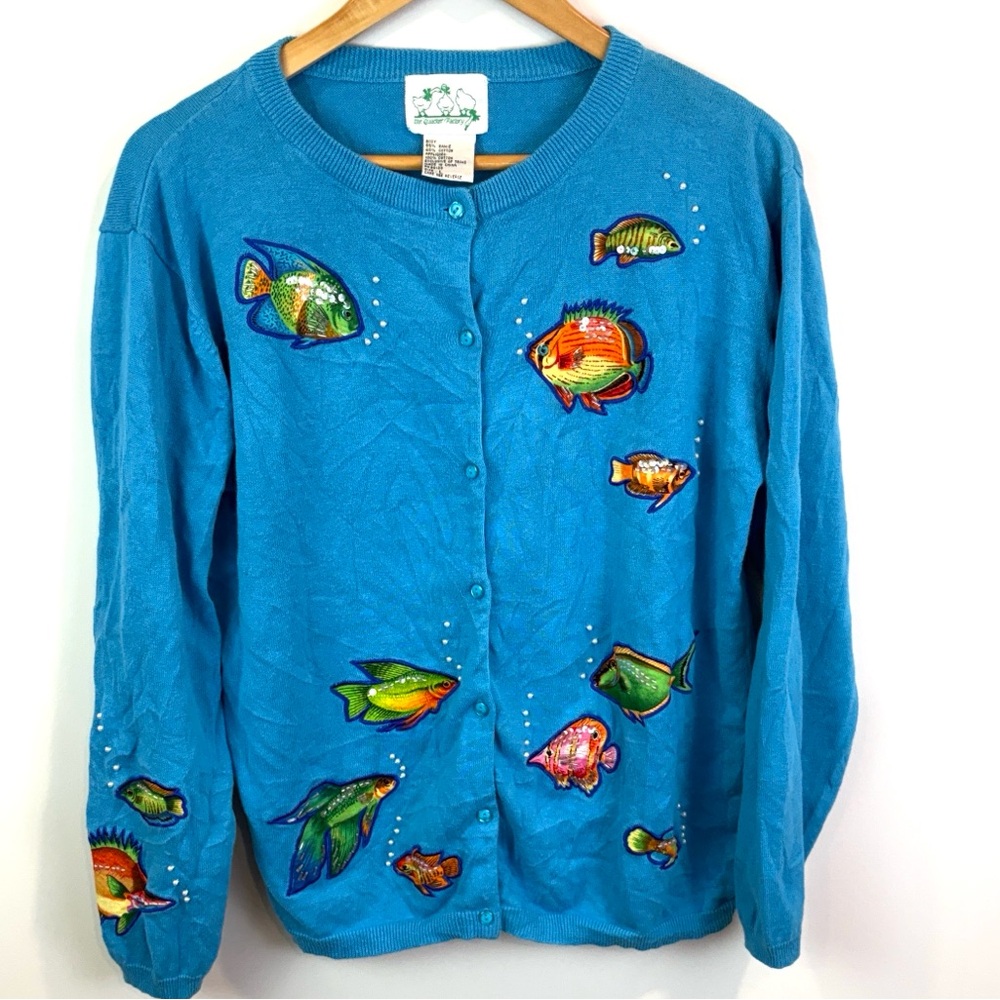 The Quacker Factory  Fish Embroidered Blue Cardigan size L